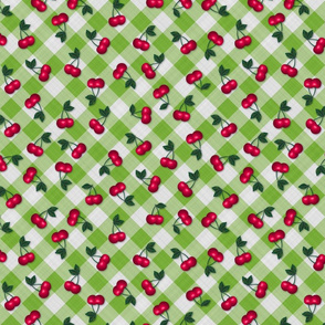 Cherries on Lime Green Gingham -Small Scale fifties rockabilly retro