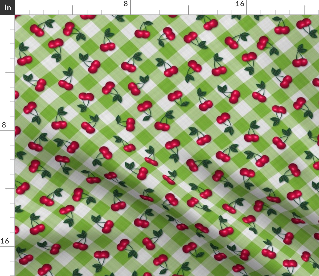 Cherries on Lime Green Gingham -Small Scale fifties rockabilly retro