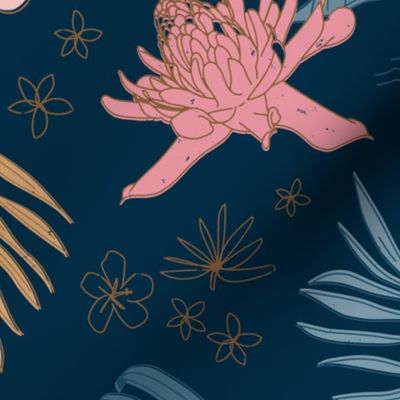 Jumbo Island Flora on Navy - Jumbo Scale 21in x 20in (very large scale, bedding, curtains, navy, dark blue, tropical, jungle, botanical, floral, flowers, leaves, palm leaf, monstera)