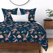 Jumbo Island Flora on Navy - Jumbo Scale 21in x 20in (very large scale, bedding, curtains, navy, dark blue, tropical, jungle, botanical, floral, flowers, leaves, palm leaf, monstera)