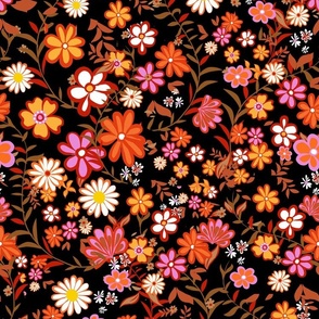 70s Ditsy Cottage bright flowers on black