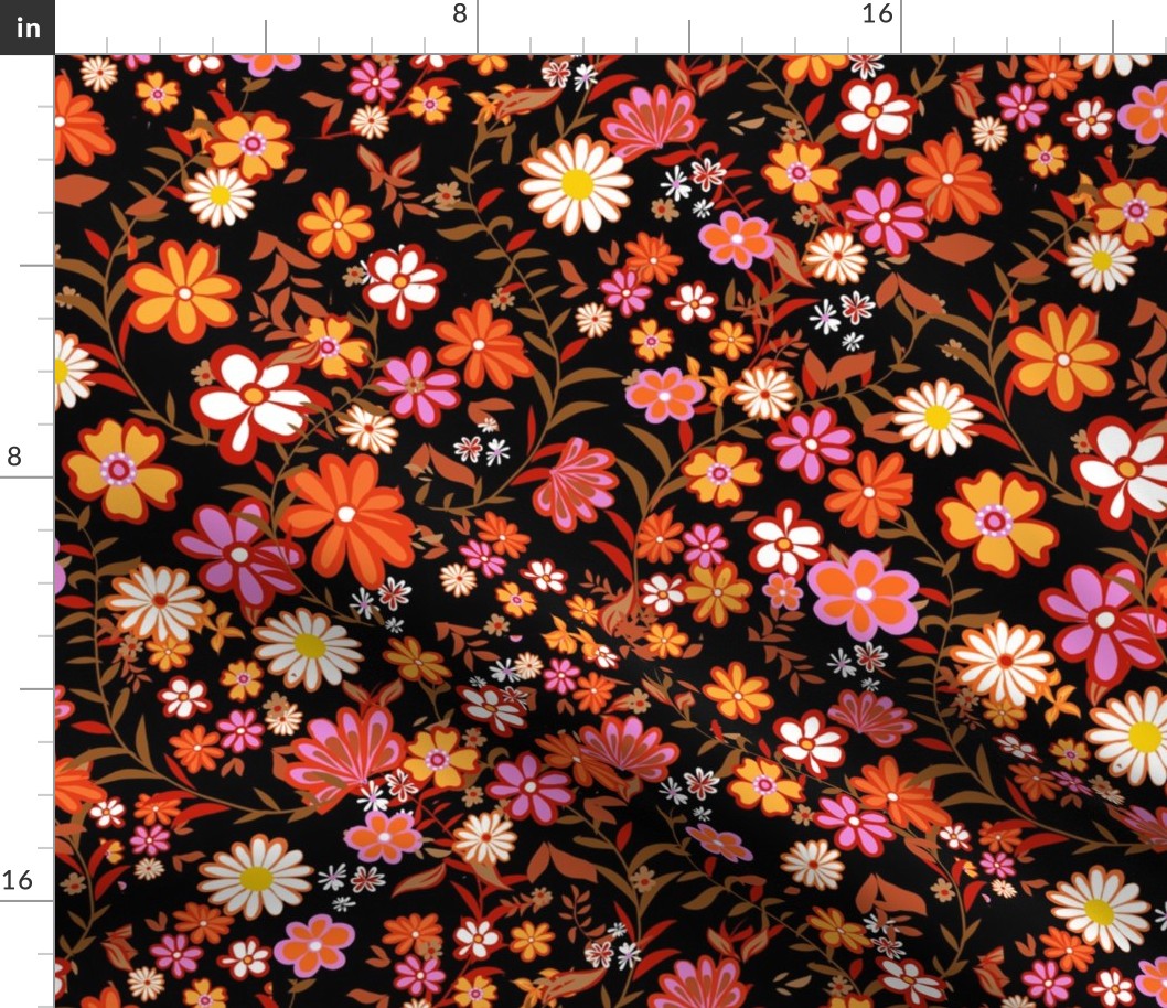 70s Ditsy Cottage bright flowers on black