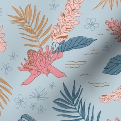 Lg. Island Flora on Air - Large Scale 12.39in x 12in (tropical flowers, jungle, floral, ginger, hawaii, island, beach, pink, blue, gold, girl, modern)