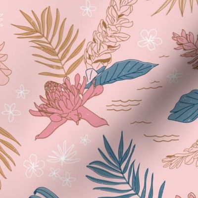 Lg. Island Flora on Kiss - Large Scale 12.39in x 12in (tropical flowers, jungle, floral, ginger, hawaii, island, beach, pink, blue, gold, girl, modern, soft pink, rose pink, blush)