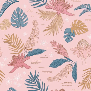 Lg. Island Flora on Kiss - Large Scale 12.39in x 12in (tropical flowers, jungle, floral, ginger, hawaii, island, beach, pink, blue, gold, girl, modern, soft pink, rose pink, blush)