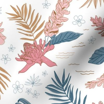 Lg. Island Flora on White - Large Scale 12.39in x 12in (tropical flowers, jungle, floral, ginger, hawaii, island, beach, pink, blue, gold, girl, modern)