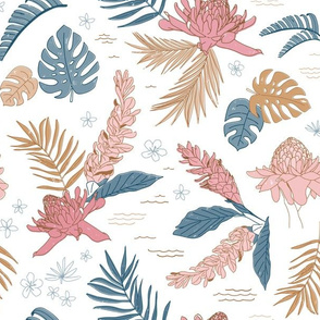 Lg. Island Flora on White - Large Scale 12.39in x 12in (tropical flowers, jungle, floral, ginger, hawaii, island, beach, pink, blue, gold, girl, modern)