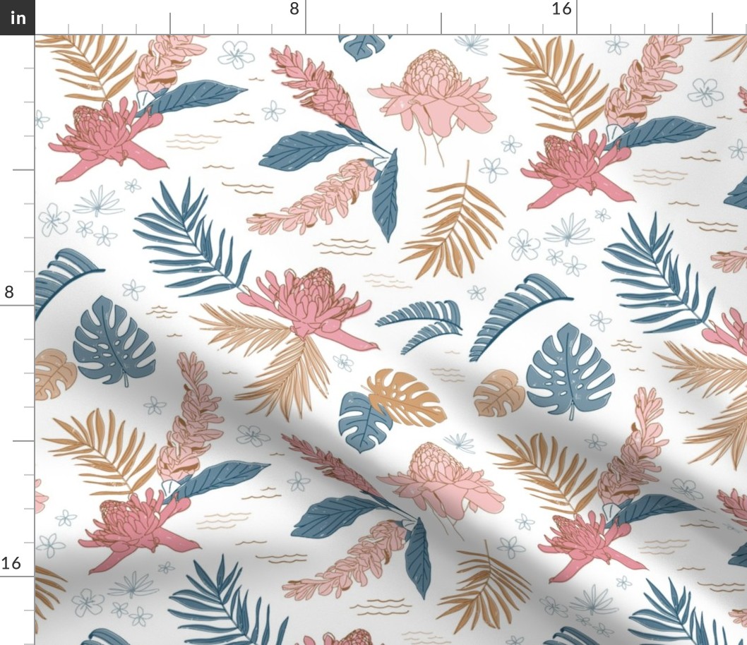 Lg. Island Flora on White - Large Scale 12.39in x 12in (tropical flowers, jungle, floral, ginger, hawaii, island, beach, pink, blue, gold, girl, modern)