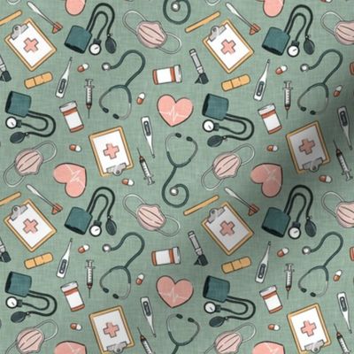 (small scale) medical supplies - doctor / nurse fabric - sage - C21