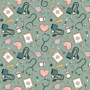 (small scale) medical supplies - doctor / nurse fabric - sage - C21