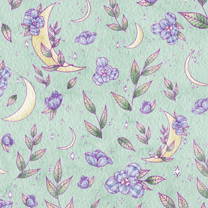 Purple Floral Moon and Leaves