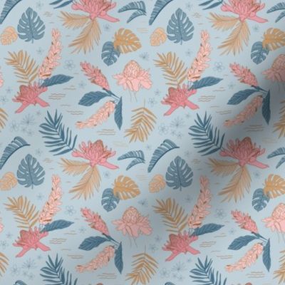 Sm. Island Flora on Air - Small Scale 4.13in x 4in (tropical floral, tropical flowers, tropical, jungle, island, beach, Hawaii, leaves, palm leaf, pink, blue, girl, bows, light blue, baby blue)