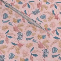 Sm. Island Flora on Kiss - Small Scale 4.13in x 4in (tropical floral, tropical flowers, tropical, jungle, island, beach, Hawaii, leaves, palm leaf, pink, blue, girl, bows, soft, soft pink, light pink, blush, blush pink)