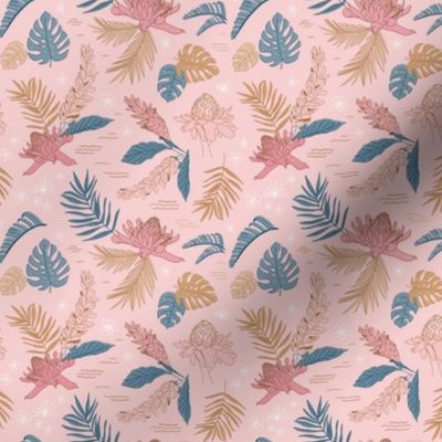 Sm. Island Flora on Kiss - Small Scale 4.13in x 4in (tropical floral, tropical flowers, tropical, jungle, island, beach, Hawaii, leaves, palm leaf, pink, blue, girl, bows, soft, soft pink, light pink, blush, blush pink)