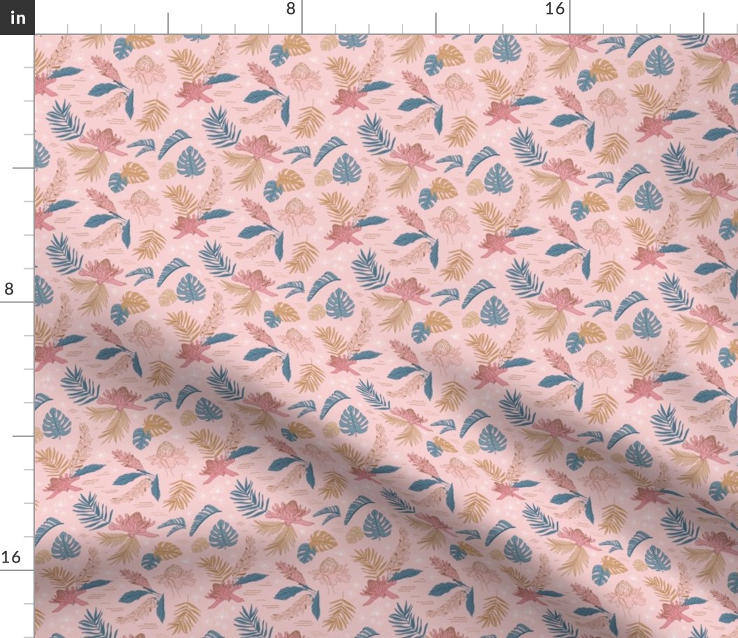 Sm. Island Flora on Kiss - Small Scale 4.13in x 4in (tropical floral, tropical flowers, tropical, jungle, island, beach, Hawaii, leaves, palm leaf, pink, blue, girl, bows, soft, soft pink, light pink, blush, blush pink)