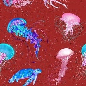 Jellyfish and sea turtles on red