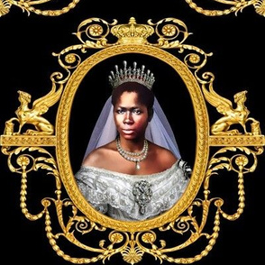 2 Victorian baroque black woman lady beautiful bride roses flowers daisy  african descent POC queen princess crown tiara wedding dress lace gown sphinx wings swirls scrolls gold frame pink green bridal veil people of color garlands wreaths diamond brooche