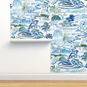 Modern Chinoiserie Landscape in Cobalt and Emerald