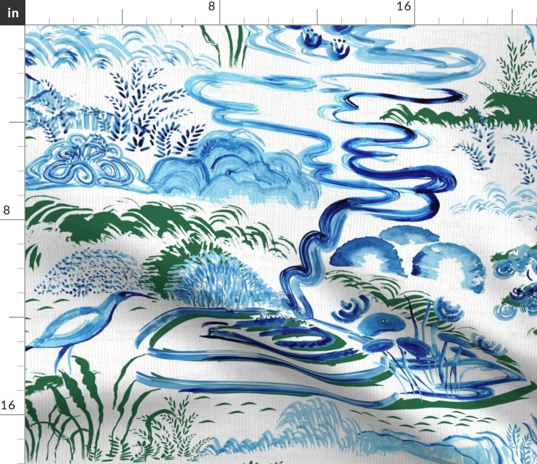 Modern Chinoiserie Landscape in Cobalt and Emerald