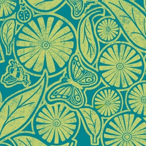 Island Time! Teal & lime green floral with butterflies & bees &tropical flowers and  leaves