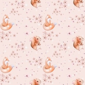fox and squirrel with stars and cherry blossoms