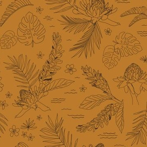 Island Flora Sketch on Bronze - Regular Scale 7.43in x 7.2in - lines in Island Brown (tropical, jungle, island, beach, Hawaii, floral, flowers, palm leaf, leaves, girl, modern, neutral, gold, amber, mustard, yellow, orange, retro)