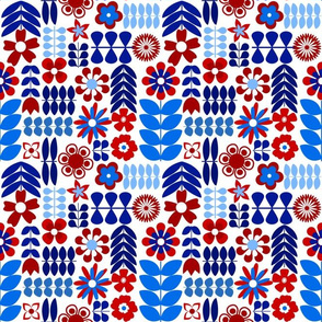 Scandinavian Flowers - Medium Scale Patriotic Red White and Blue