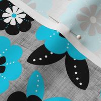 Large Scale Bold Black and Turquoise Blooms on Grey Linen Texture