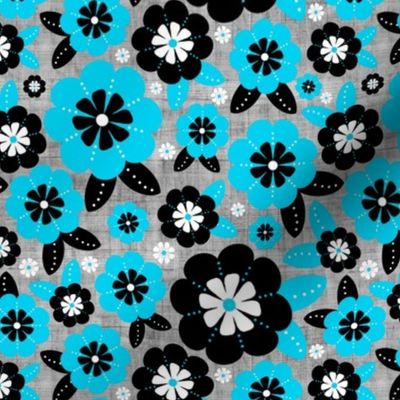 Medium Scale Bold Black and Turquoise Blooms on Grey Linen Texture