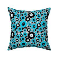 Medium Scale Bold Black and Turquoise Blooms on Grey Linen Texture