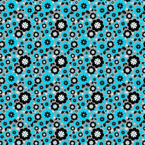 Small Scale Bold Black and Turquoise Blooms on Grey Linen Texture