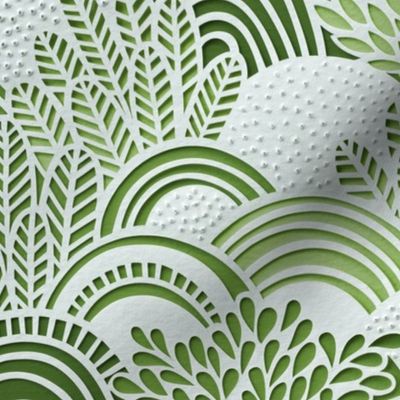 Paper Garden Faux Texture Spring Green- Hand Made Paper Cut - Home Decor- Spring- Jumbo Botanical Wallpaper- Large Scale