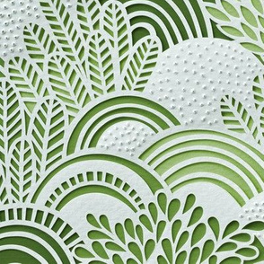 Paper Garden Faux Texture Spring Green- Hand Made Paper Cut - Home Decor- Spring- Jumbo Botanical Wallpaper- Large Scale