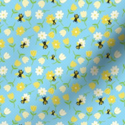 Bees and Flowers Light Blue Background