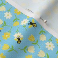 Bees and Flowers Light Blue Background