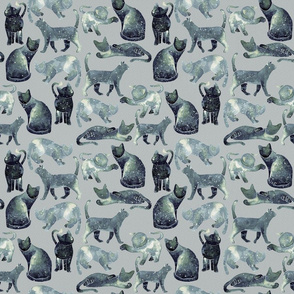 Watercolor Cats - Gray Galaxy Pattern