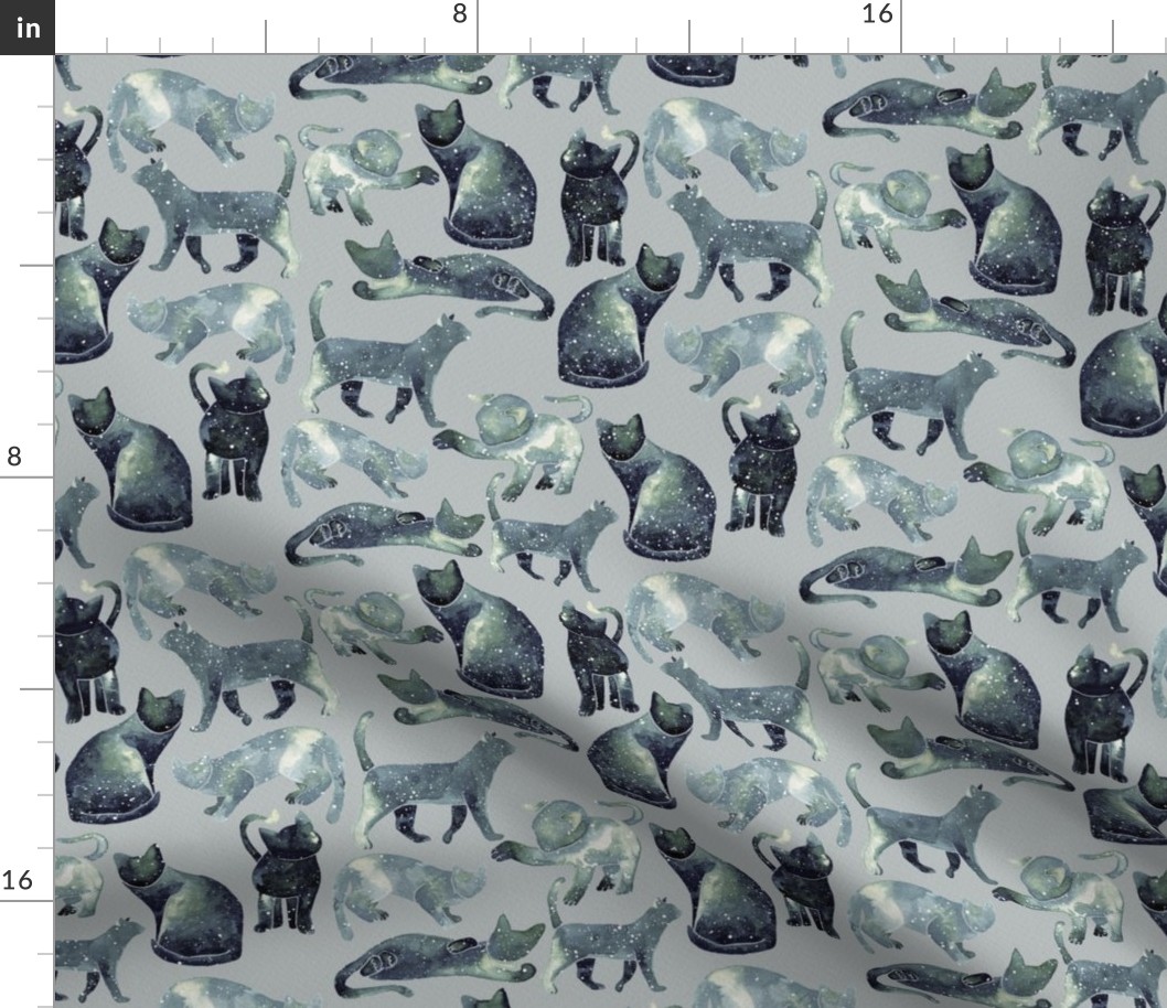 Watercolor Cats - Gray Galaxy Pattern
