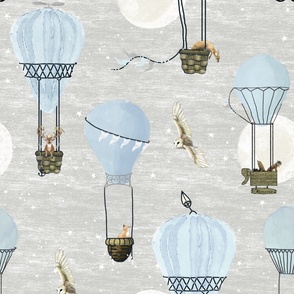 Large Baby blue hot air balloons, stars and moon on light gray with woodland animals, newborn,  light blue, wildlings, owl, deer,  nursery, baby boy, home decor