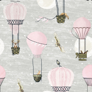 Large Pink hot air balloons, stars and moon with woodland animals on light gray, wildlings, owl, deer, fox, nurser wallpaper, newborn girl baby shower, kids home decor