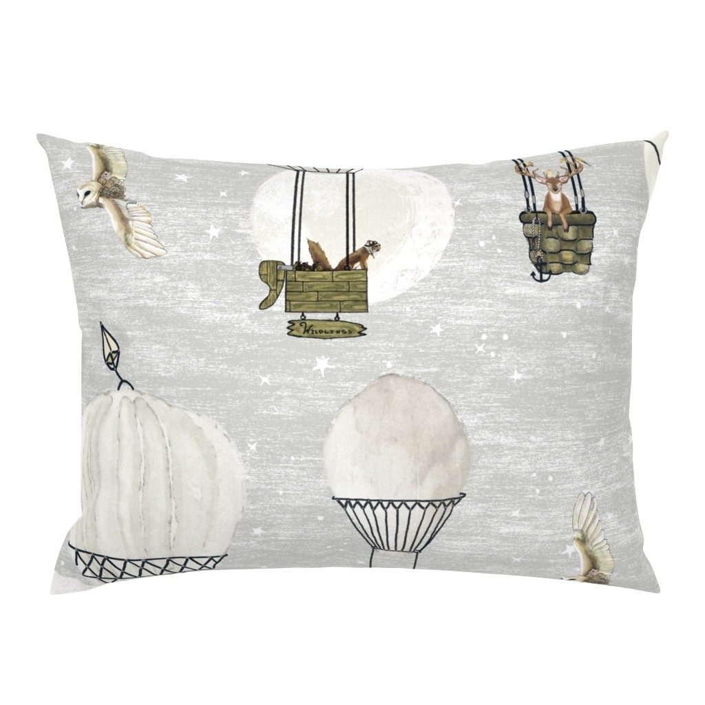 Large White neutral nursery hot air balloon drawing, stars and moon with woodland animals on light grey sky 