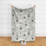 Large White neutral nursery hot air balloon drawing, stars and moon with woodland animals on light grey sky for nursery wallpaper,.