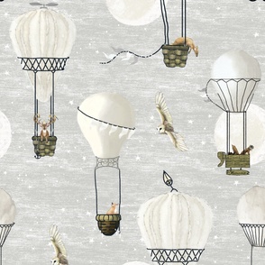 Large White neutral nursery hot air balloons, stars and moon with woodland animals on light grey sky,  nursery wallpaper,  baby home decor, wildlings, owl, unisex baby shower, gender neutral baby, home decor, woodland animals, deer, nursery wallpaper