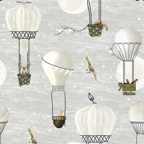 Large White neutral nursery hot air balloon drawing, stars and moon with woodland animals on light grey sky for nursery wallpaper,.