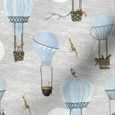 Small Baby blue hot air balloons, stars and moon on light gray with woodland animals, light blue, wildlings, owl, deer,  nursery, baby boy, home decor