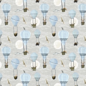 Small Baby blue hot air balloons, stars and moon on light gray with woodland animals, light blue, wildlings, owl, deer,  nursery, baby boy, home decor