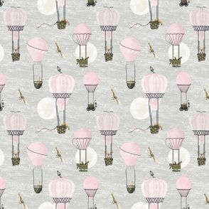 Small Pink hot air balloons, stars and moon with woodland animals on baby  light gray, wildlings, owl, deer, fox, nursery, baby girl, home decor