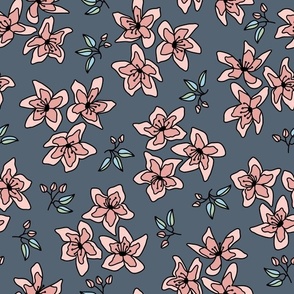 Blue, Pink and Green Blossoms and Buds Floral Themed Seamless Repeating Pattern. 