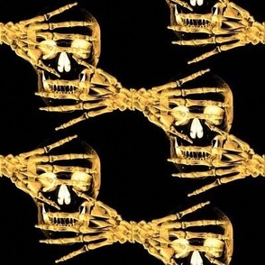 Skull  and skeleton  hands  x-ray style , gold tones on black, Halloween
