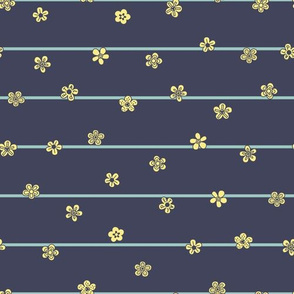 Decorated yellow flowers with stripes floral themed geometric pattern on a dark blue backround
