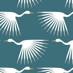 Art Deco Cranes - Silken Peacock - White